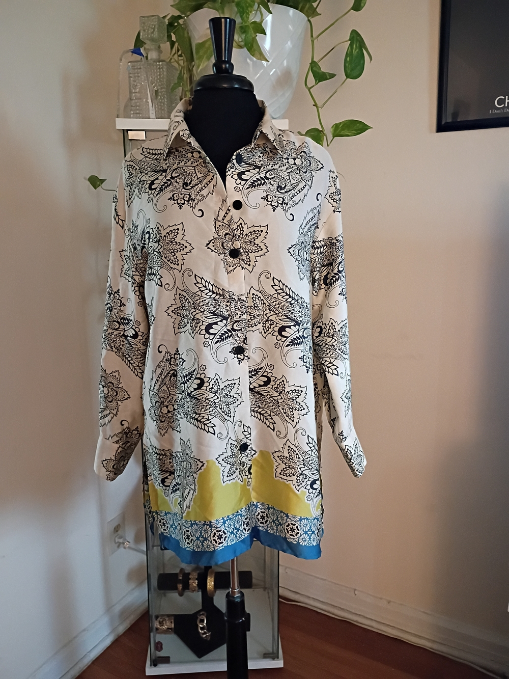 Women's ZARA Long Sleeve Printed Shirt Dress in Ivory with Yellow & Blue Trim